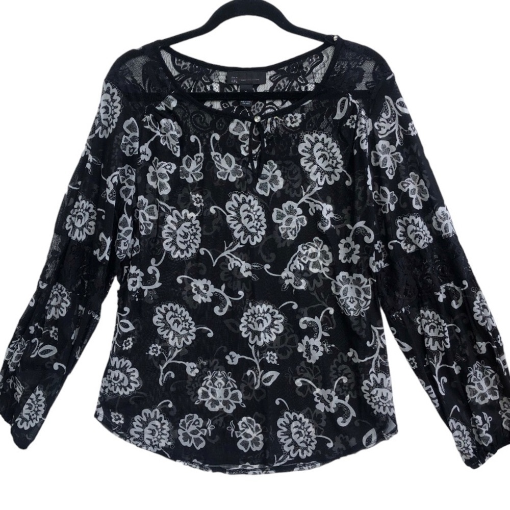 INC dark Cottagecore lace floral sheer top XL